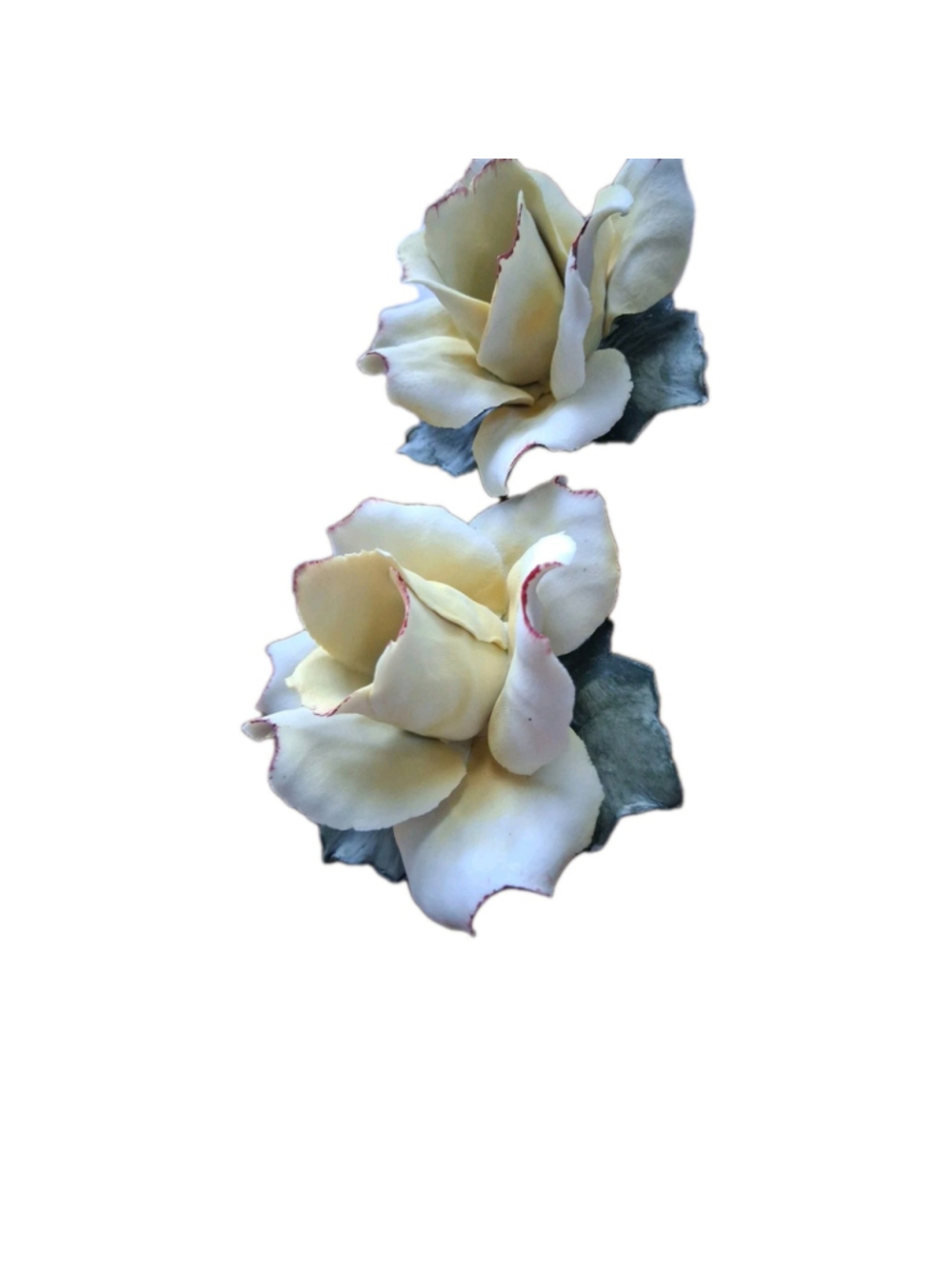 Arnart 1987 Capodimonte White Pink Tipped Roses w. Leaves Porcelain Candle Holde